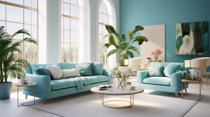A living room filled with blue couches and a coffee table