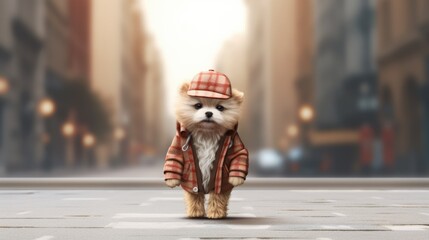 A small dog wearing a hat and jacket