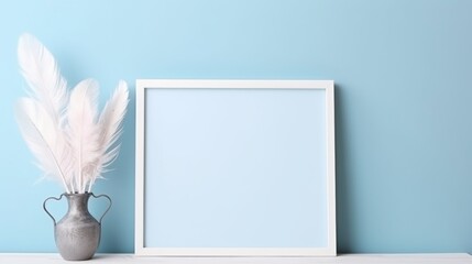 A picture frame and a vase with feathers on a shelf