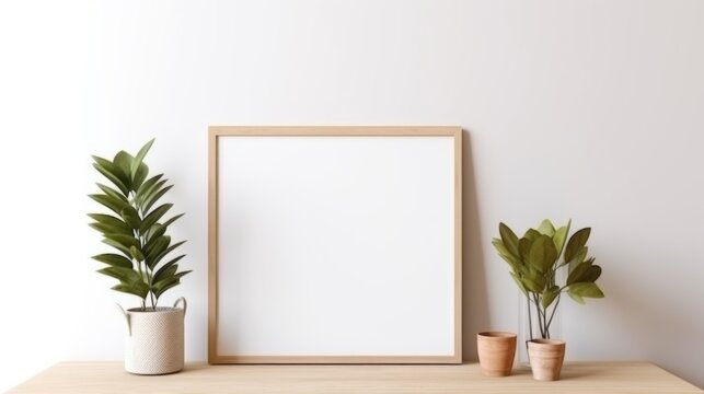 An empty picture frame on a wooden shelf next to potted plants