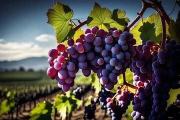 a purple grape cluster on a vineyard background.