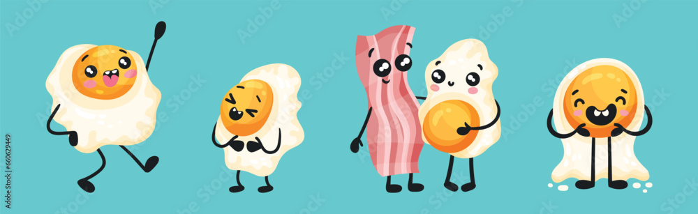 Poster funny egg character with bacon strip vector set