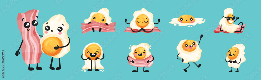 Poster funny egg character with bacon strip vector set