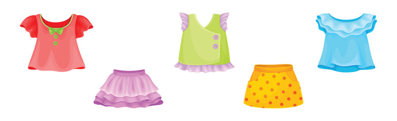 Bright Girlish Garments and Clothing for Summer Vector Set