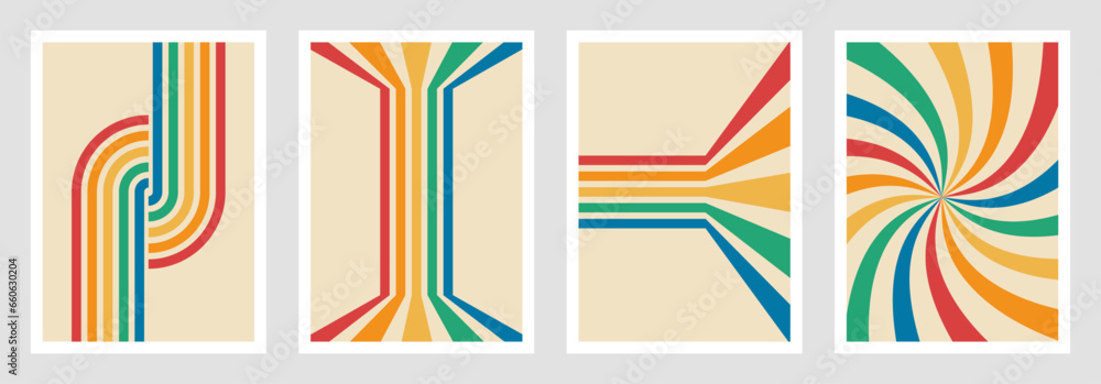 Leinwandbilder abstract colorful background design set. rainbow groovy wavy line pattern in 1970s hippie retro styl