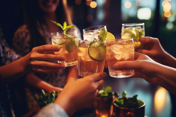 Close up of friends group cheering mojito drinks at bar restaurant - obrazy, fototapety, plakaty