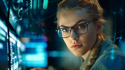 Close-up of female IT specialist writing code for network maintenance.generative ai