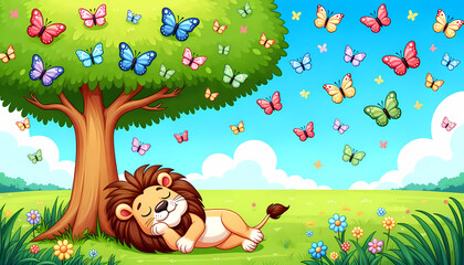 A lion sprawled out under a tree in a meadow, with the sky filled with various butterflies.