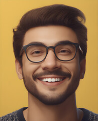 Happy Designer: Young Handsome Male in Casual Attire Smiling on a Yellow Background. generative AI