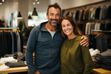 Portrait of a happy smiling couple, clothing store owners - obrazy, fototapety, plakaty