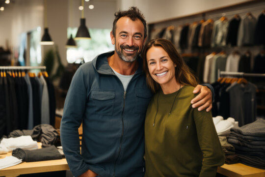 Portrait of a happy smiling couple, clothing store owners