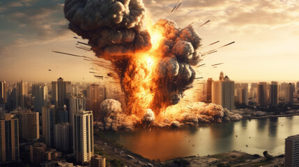 Explosion in a city with tall buildings in war.generative ai - obrazy, fototapety, plakaty