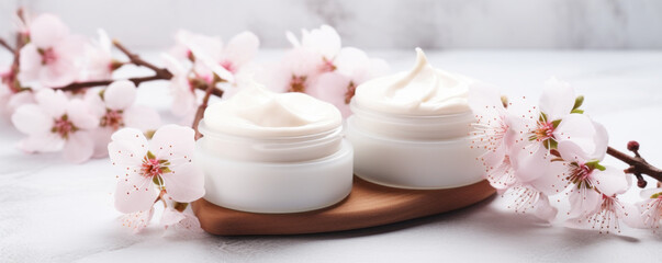 Obraz na płótnie Canvas Moisturizing cream and almond blooms front view close up