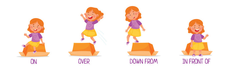 Little Girl with Carton Box as Prepositions of Place Demonstration Vector Set