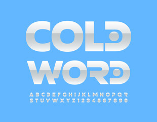 Vector advertising sign Cold World. Creative White Font. Glossy set of Alphabet Letters and Numbers