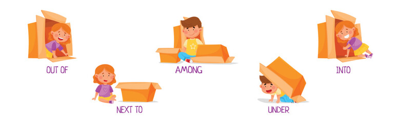 Little Girl and Boy with Carton Box as Prepositions of Place Demonstration Vector Set