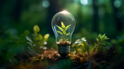 Fotobehang Saving energy and environment.  Tree growth in light bulb for saving Ecology energy nature. Eco and Technology concept © Natalia Klenova