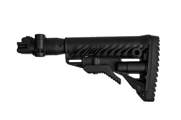 Modern plastic folding buttstock. Replaceable part of the gun. Isolate on a white back
