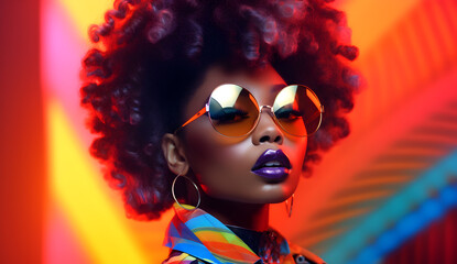 Afro pop fashion woman model with sunglasses. Black fashwave retro futurism girl with strong face expression. Vibrant colors for makeup, hairstyle and background. Extravagant beauty. - obrazy, fototapety, plakaty