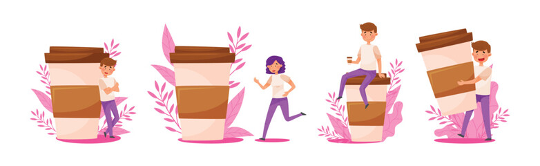 People Coffee Lovers with Huge Cup Enjoying Hot Drink Vector Set