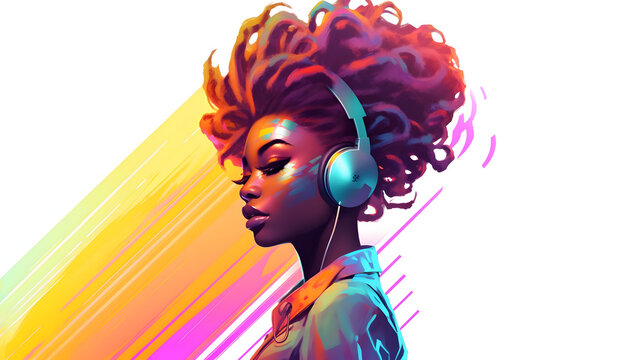 Retro fashion woman with headphones. Colorful afro futurism style with geometric pattern background. Black locks hairstyle. 3d render of summer african model.