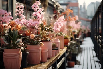 An urban oasis filled with pink blooming orchids and a variety of plants, offering a tranquil escape in the city