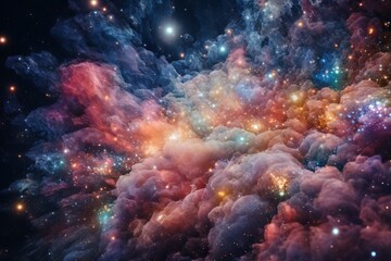 Fototapeta premium Ethereal clouds of colorful nebulae amidst a dazzling starscape, set in the vast expanse of the universe