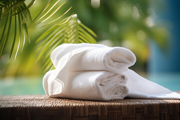 Fototapeta na wymiar Spa and resort concept-towels and tropical leaves