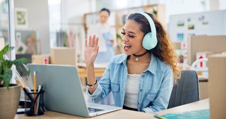 Small business, woman and video call on laptop with customer, clients or virtual communication in fashion startup. Entrepreneur, talking and crm service, ecommerce and online logistics in meeting