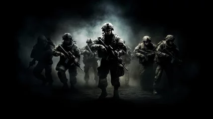 Tuinposter Group of military soldiers move into position in war.generative ai © LomaPari2021