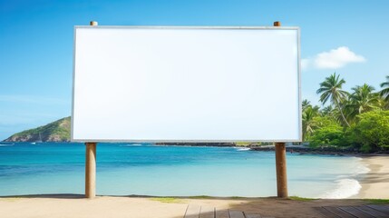 Blank billboard on the beach with bright blue sea, palm trees