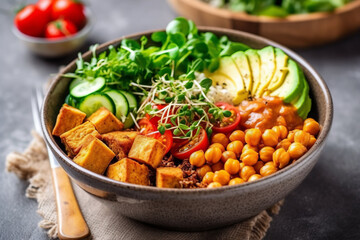 Healthy vegetarian Buddha bowl with fresh ingredients close up
