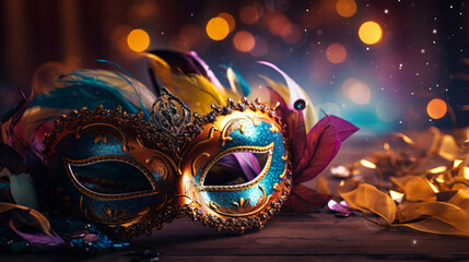 Carnival, Venetian Mask on a dark table, Masquerade Disguise Party, Shiny Gold Background Banner, Illustration