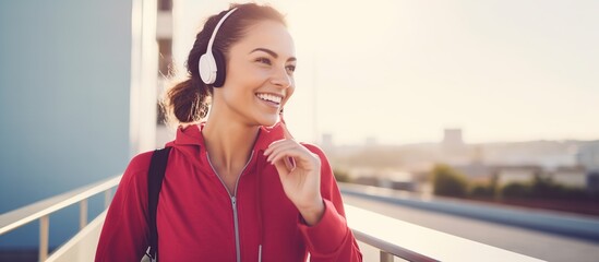 Female runner with wireless headphones is jogging in the morning