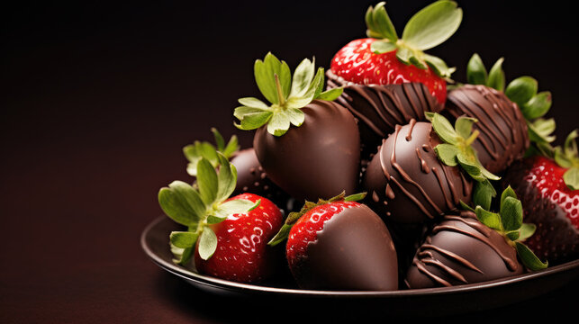 chocolate covered strawberries in a bowl, neutral dark background