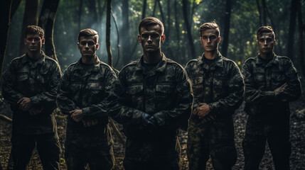 Group of young soldiers in military uniform standing in a forest.generative ai