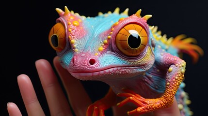  a close up of a person holding a toy lizard in their hand.  generative ai