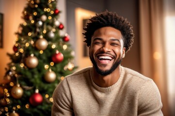 Medium long shot portrait overjoyed cheerful African American handsome male laughing, looking at camera, posing on Christmas tree background at home
