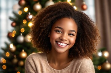 Medium shot portrait optimistic happy African American beautiful girl laughing, looking at camera, posing on Christmas tree background at home, blogger shooting vlog