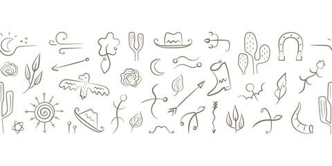 Fototapeta na wymiar Hand Drawn boho wild west elements. Seamless banner with animals, birds, arrows, plants, symbols