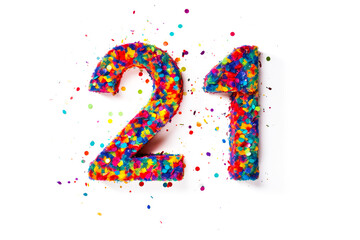 The concept of a bright number “21” consisting of confetti. The design represents the achievement of adulthood.