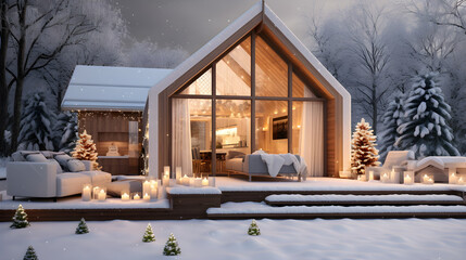 Small modern house decorated outside with christmas decorations and garland lights in winter. Merry christmas and happy new year eve concept.