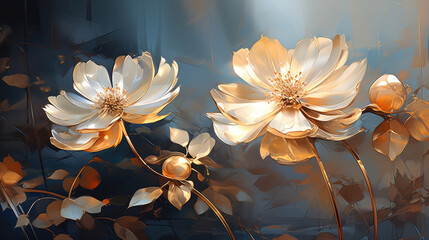 a painting of white flowers on a blue background.   Painting of a Amber color flower, Perfect for Wall Art.