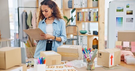 Online order, label check and woman with small business in fashion with delivery and cardboard box....