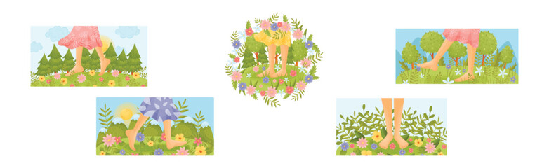 Green Meadow with Bare Foot Walking on Grass Vector Set