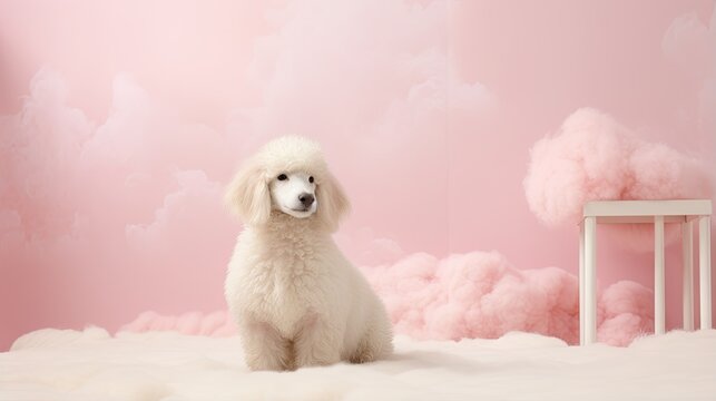  a white poodle sitting in front of a pink wall.  generative ai