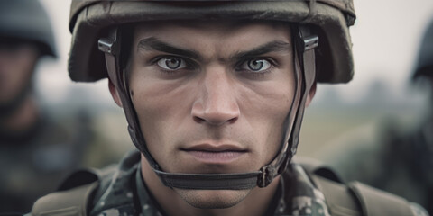 Portrait of a European army soldier in the ranks with selective focus, human enhanced.