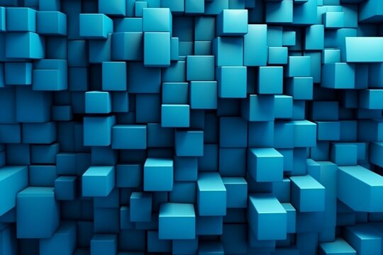 Wall of blue 3D shapes. Futuristic background with free area. Generative AI