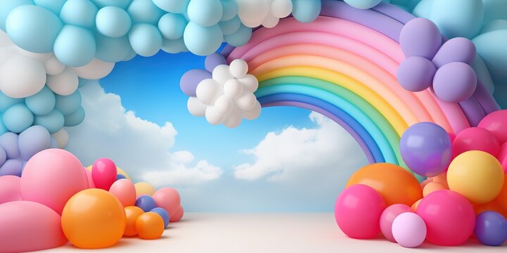 Generative AI, rainbow and colorful balloons. Birthday party 3d background. Mockup, template for greetiing card	
