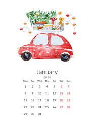 January 2024 calendar template. Handmade watercolor - Red Christmas car with a Christmas tree on the roof.